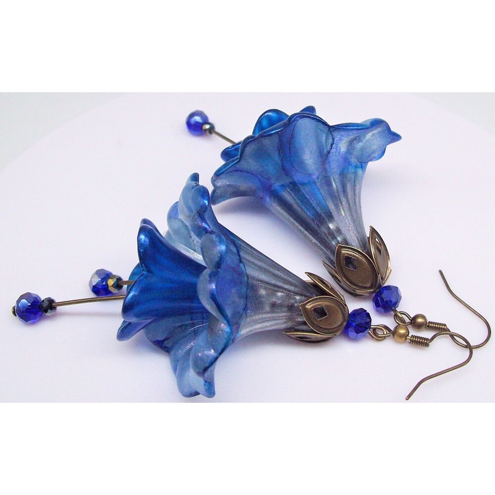 Blue Floral Vintage Earrings Flower Statement Dangles, Antique Bronze, Hand Pain